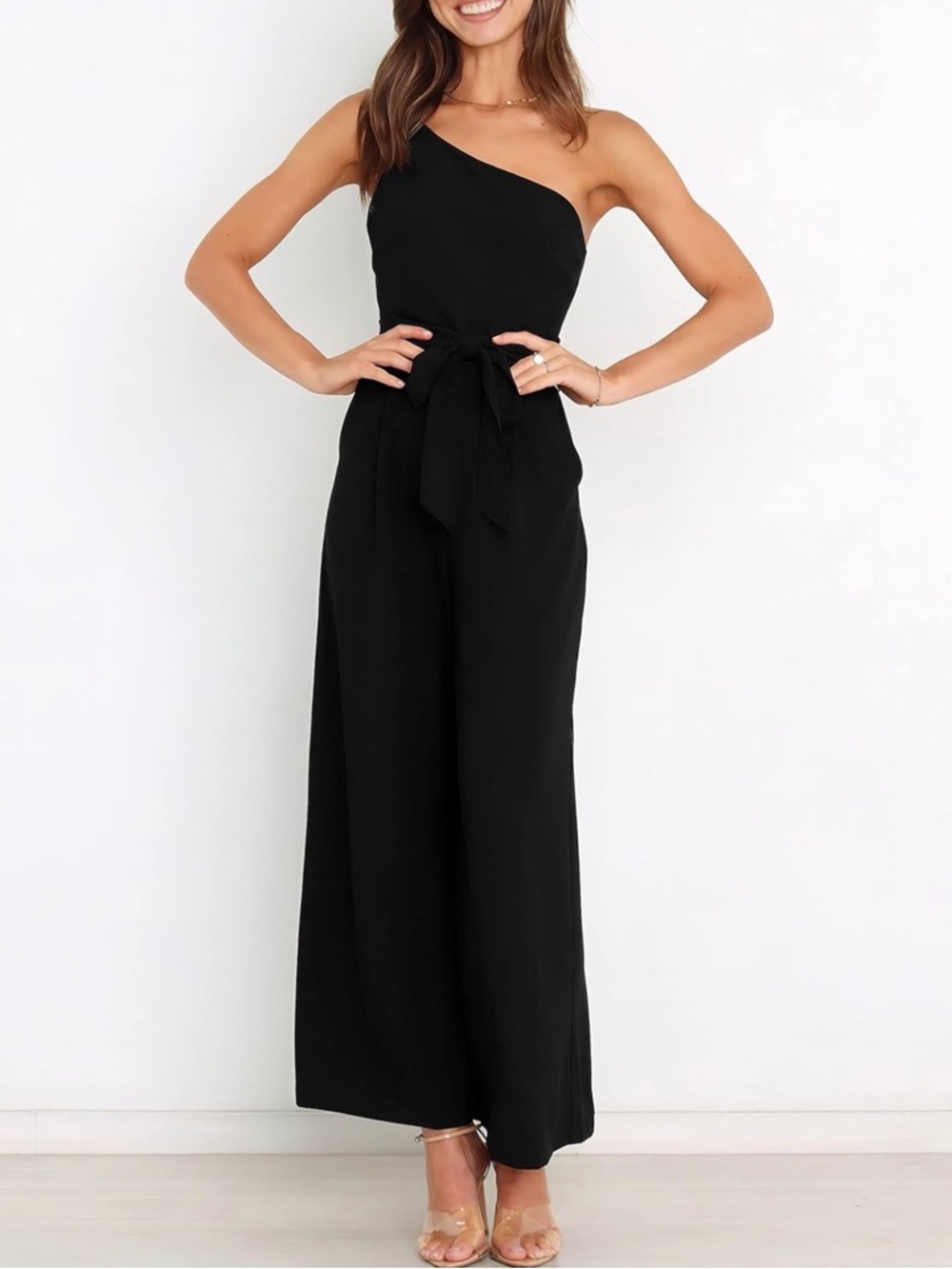 Asymmetric One-Shoulder Black Jumpsuit with Self-Tie Waist